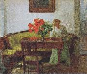 Anna Ancher Interior with poppies and reading woman oil on canvas